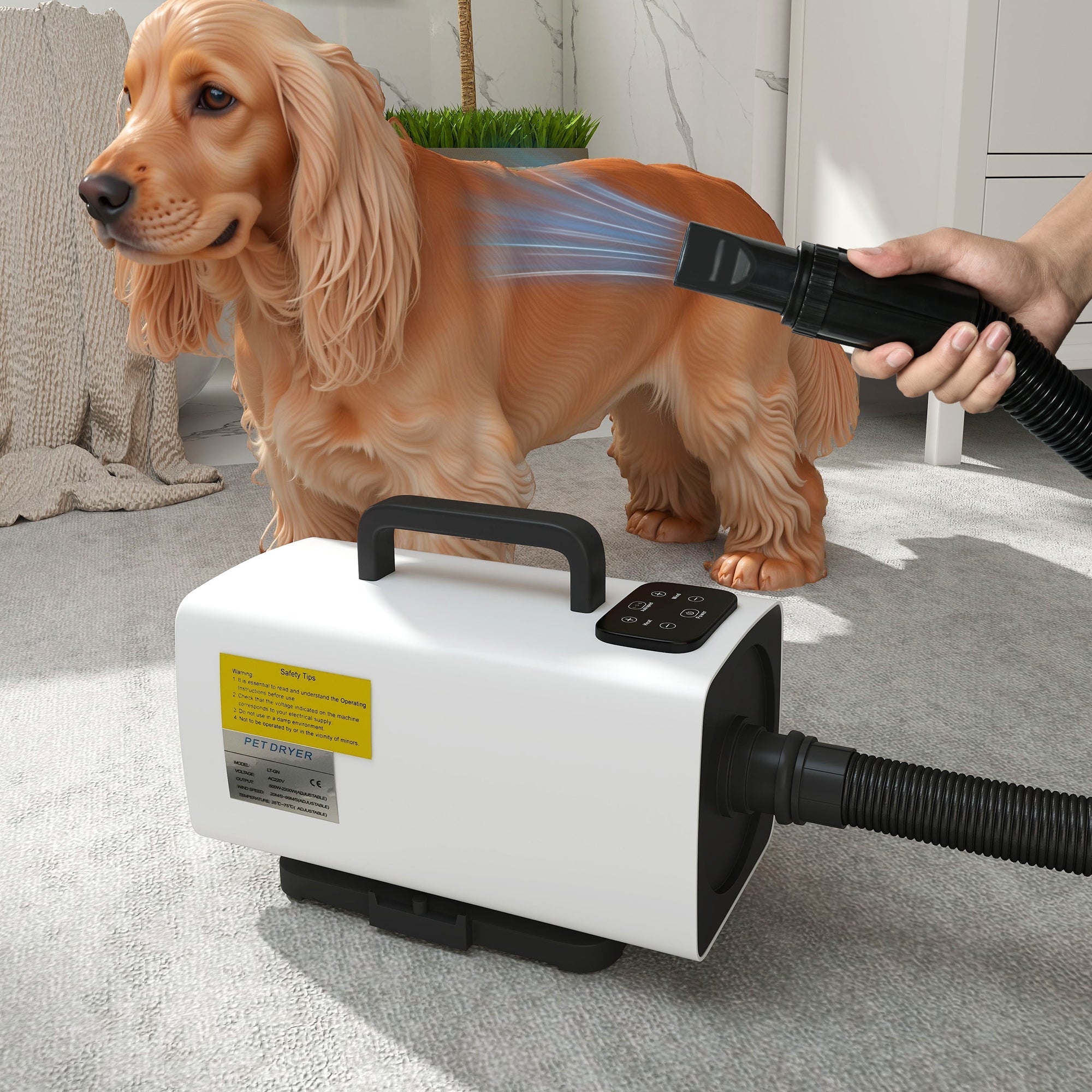 PawHut 2200W Dog Hair Dryer with Auto Adjustable Temperature & Airflow, 3 Nozzles, Digital Screen, for Dogs Cats, White 