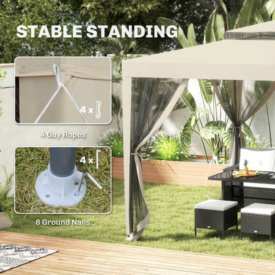 Outsunny 3 x 3 m Gazebo, Netting Party Tent, Patio Canopy Outdoor Event Shelter with Double Tier Roof, Beige 