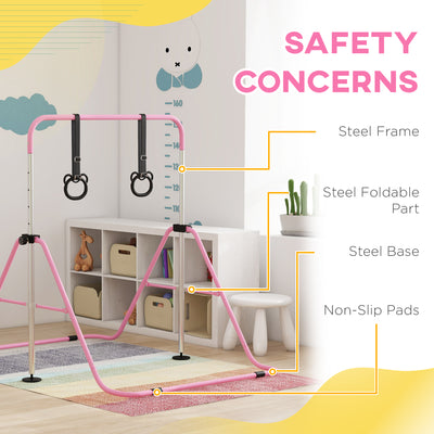 HOMCOM Adjustable Height, Foldable Kids Gymnastics Bar w/ Non-slip Rubber Floor Rings, for 3+ Years, Pink 