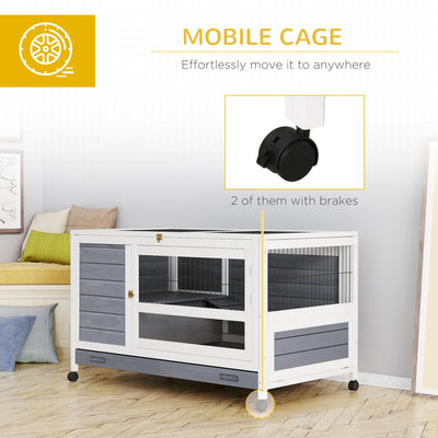 PawHut Indoor Rabbit Hutch Guinea Pig House Wooden Elevated Pet Bunny Cage with Wheels Openable Roof 102 x 60 x 63.5cm Grey 