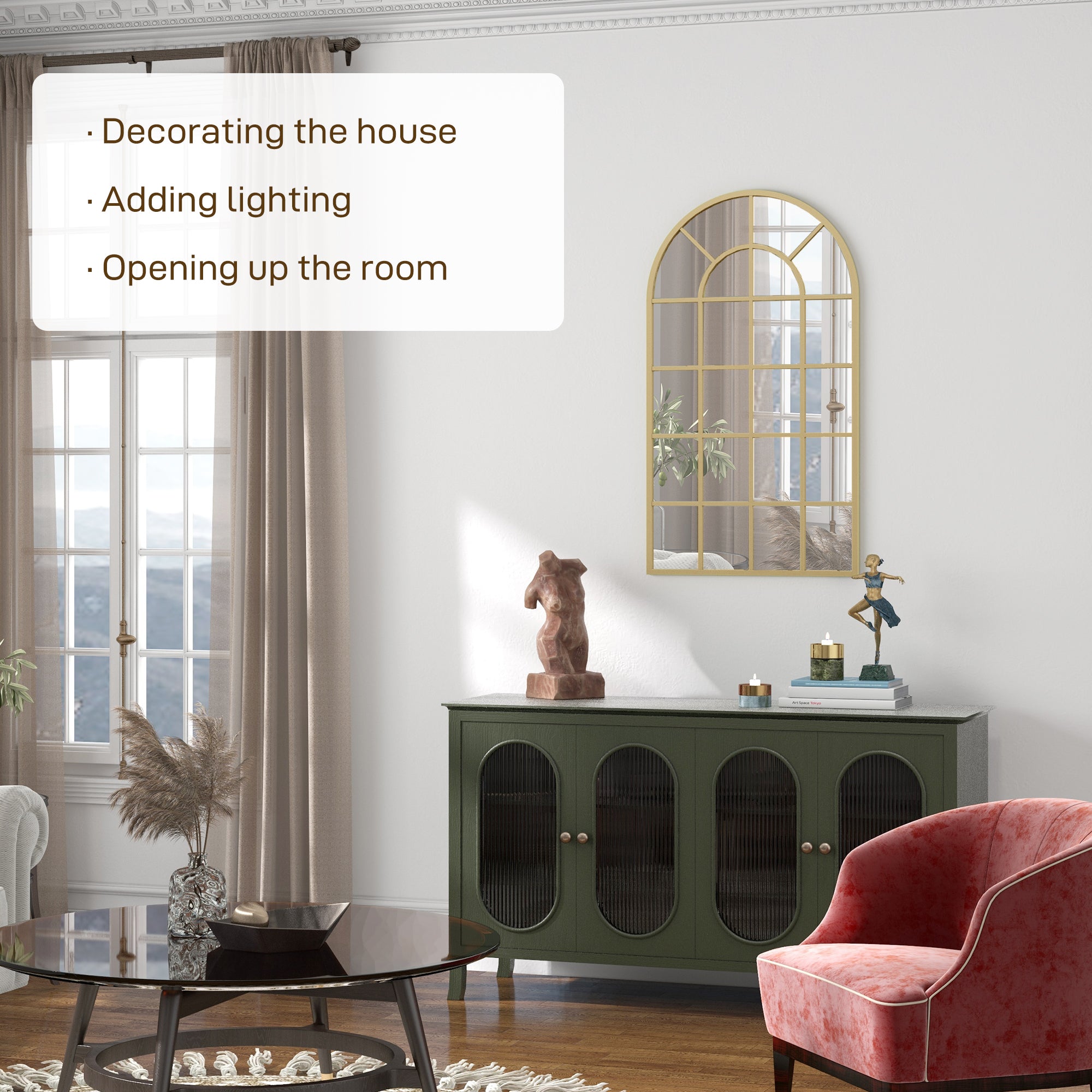 HOMCOM 110 x 65 cm Arched Decorative Wall Mirror for Bedroom Living Room, Modern Window Bathroom Mirror for Home Decor 
