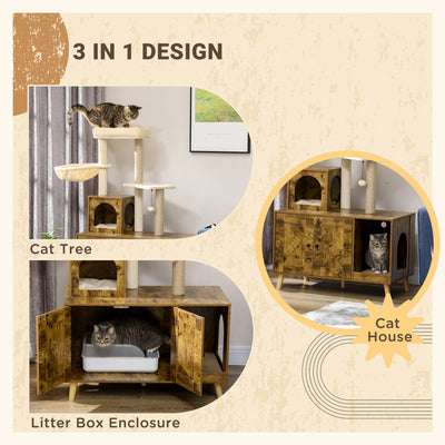 PawHut Cat Litter Box Enclosure, with Tree Tower, Cat House, Hammock, Cushion - Rustic Brown 