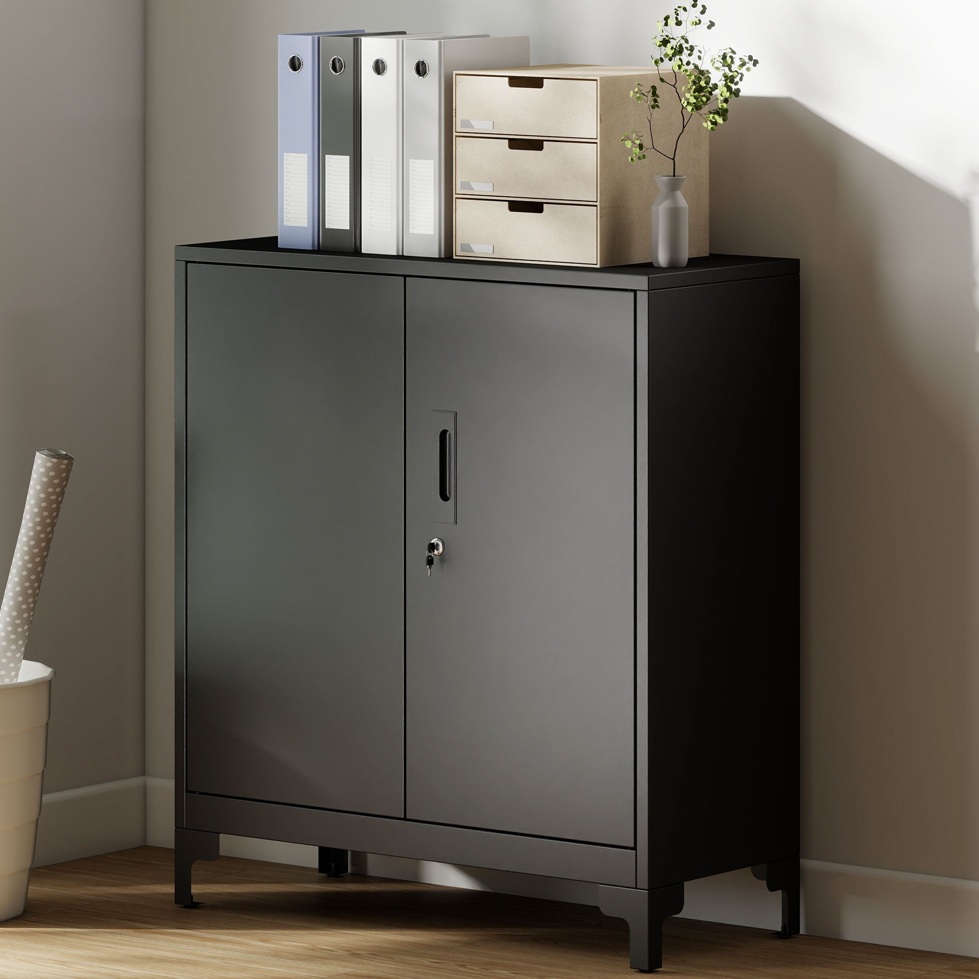 HOMCOM Lockable Metal Filing Cabinet, 2-Tier Storage Cupboard with Double Doors, Modern Office Organiser, Black 