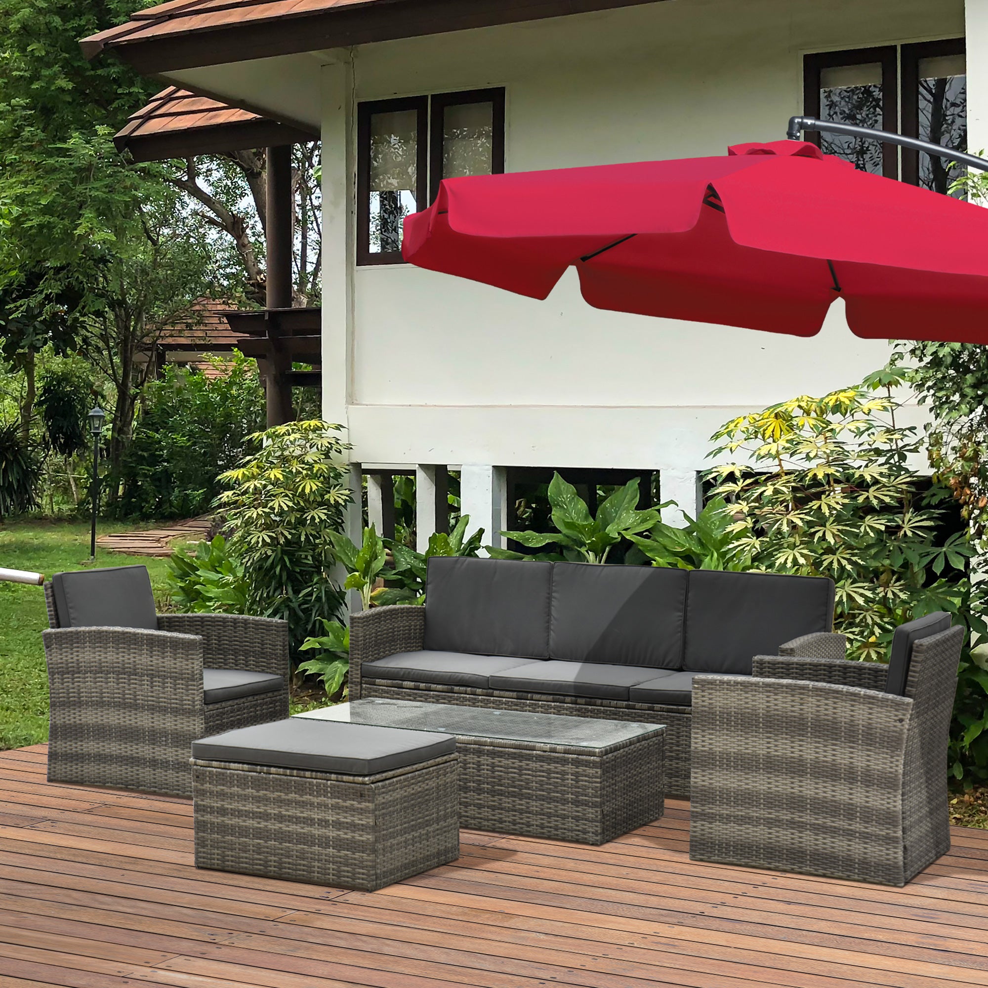 Outsunny Rattan Garden Furniture Outdoor Patio 5 Piece Wicker Weave Sofa Set with Storage,  Cushioned, 3-Seater Sofa + 2 Single Chairs + Foot Stool + Coffee Table 