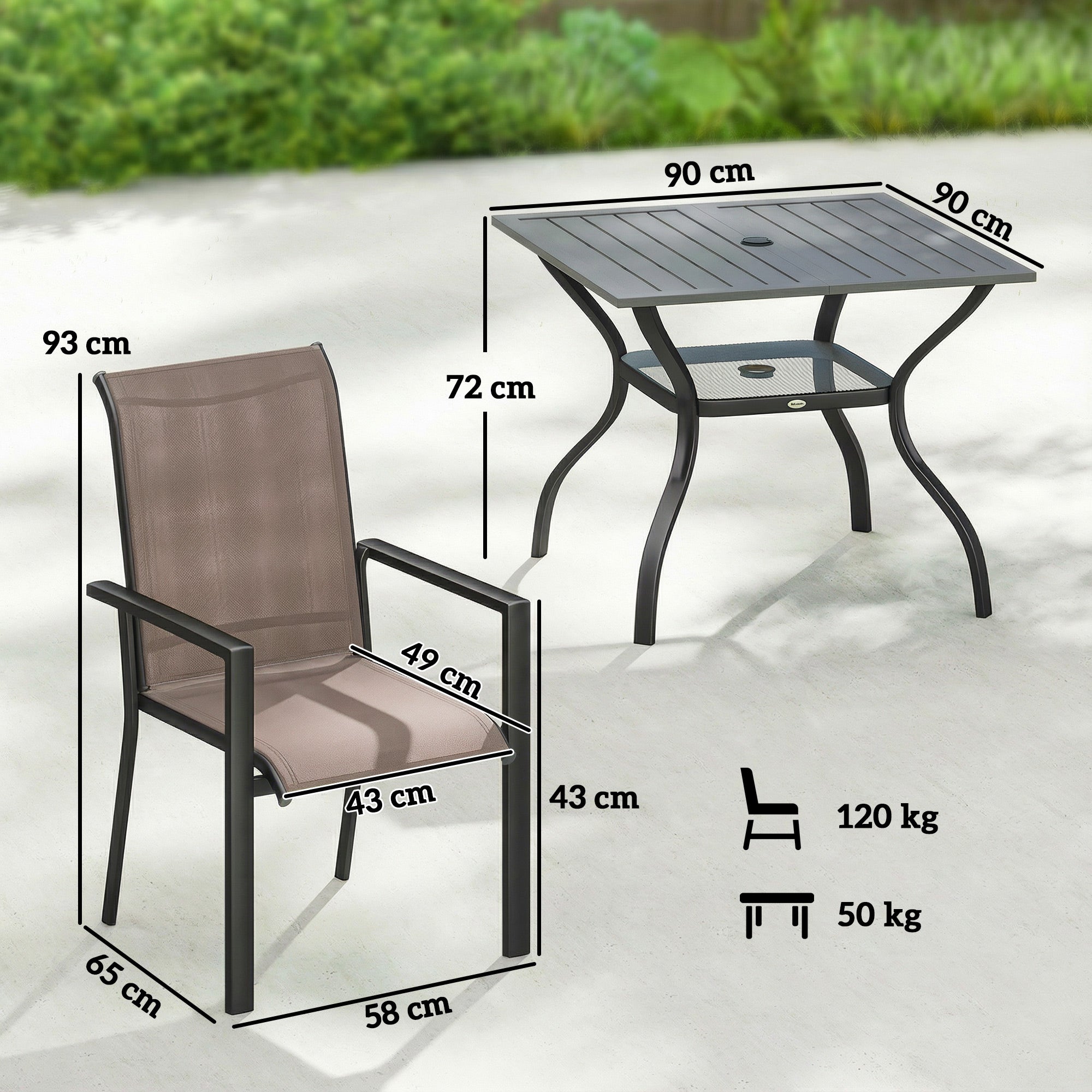 Outsunny 5 Pieces Outdoor Dining Set for 4, Garden Table and Stackable Chairs with Breathable Mesh Seat, Grey and Khaki 