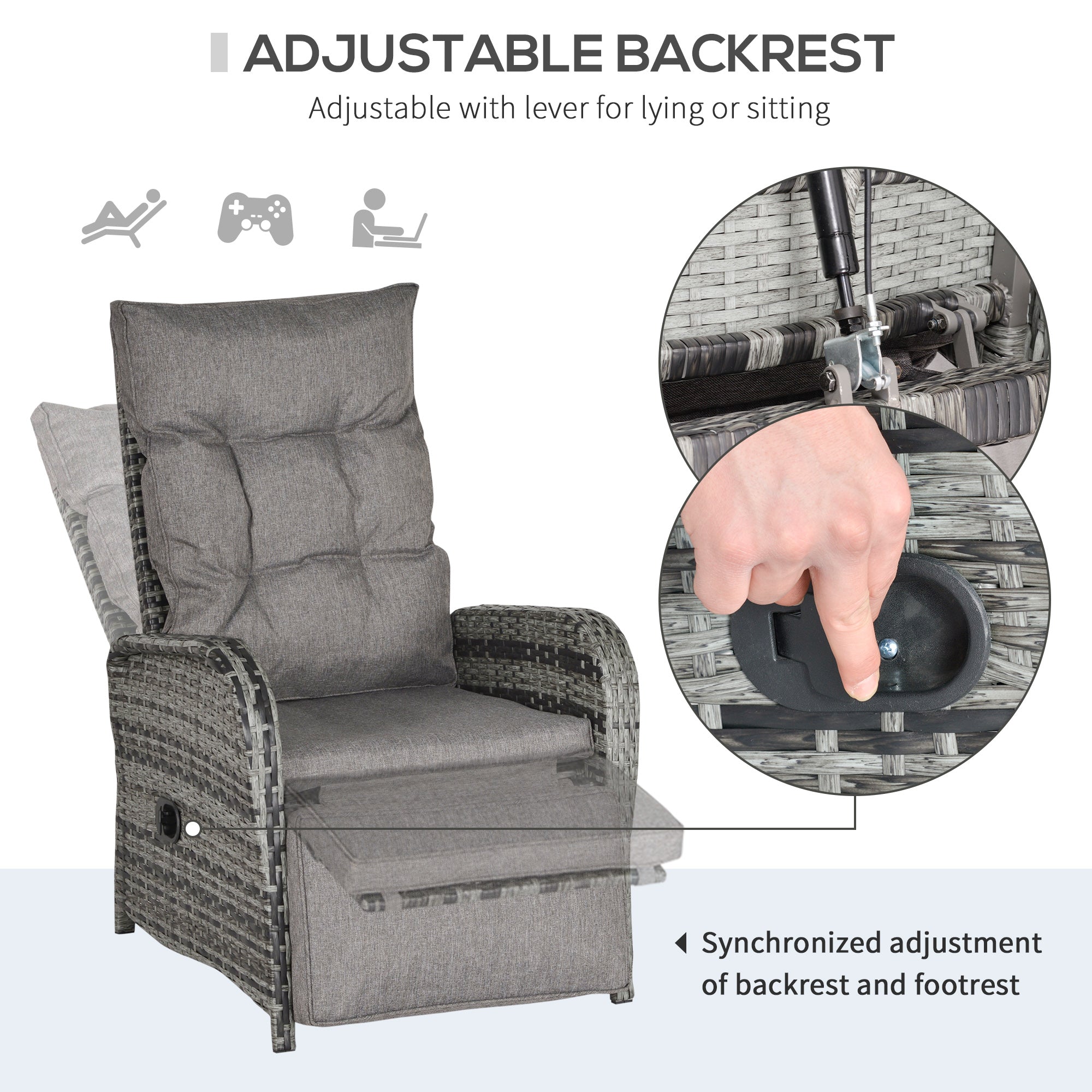 Outsunny 2 Seater Patio Wicker Chaise Lounge Sofa Set with Fabric Cushion, Grey 