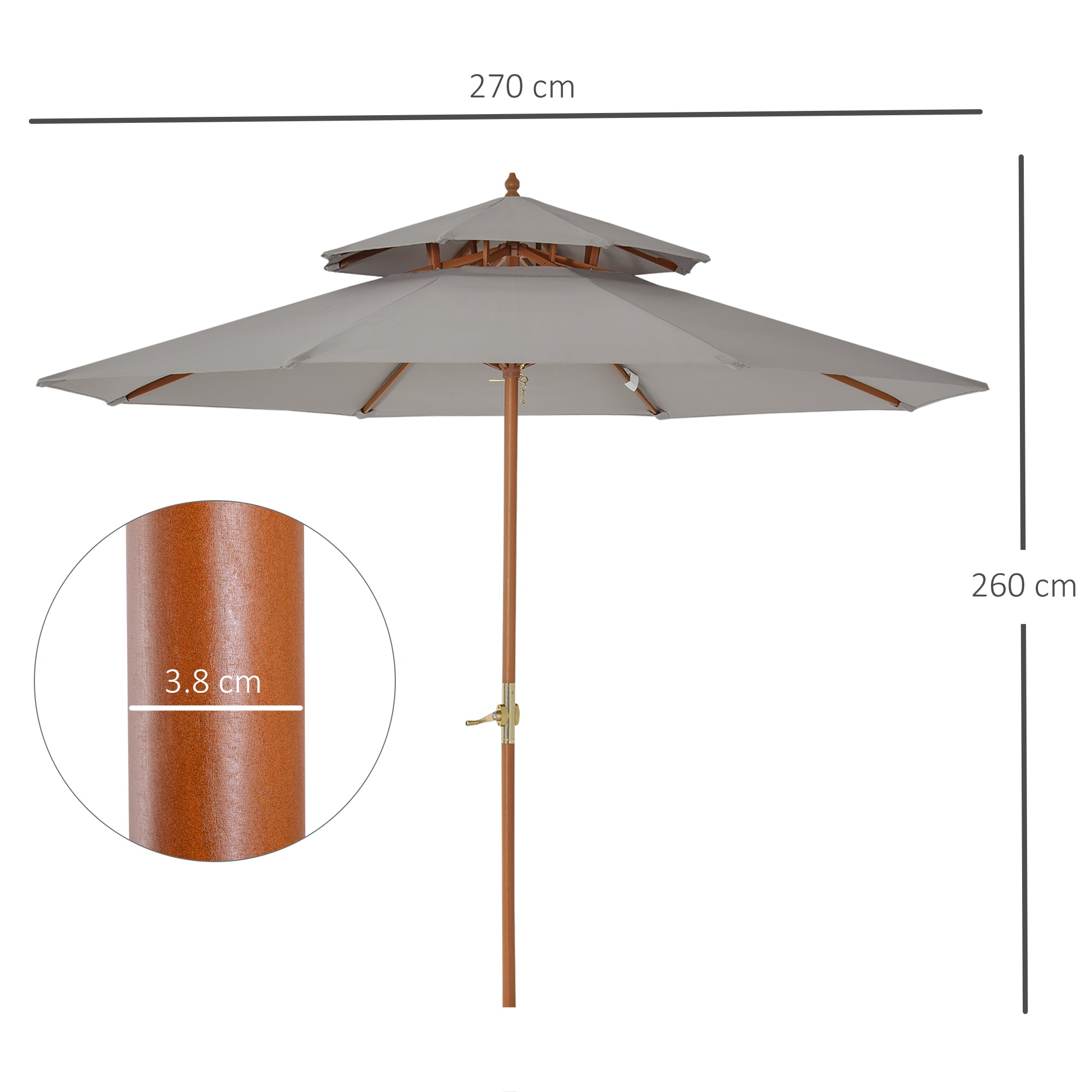 Outsunny 2.7m Elegant Wooden Frame Parasol Umbrella - Grey 