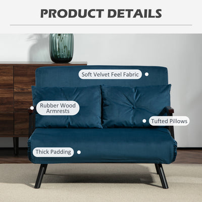 HOMCOM 4-in-1 Velvet-Feel Double Sofa Bed, with Pillows - Blue 