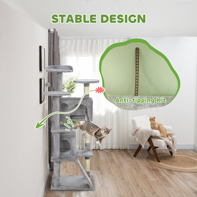 PawHut 138cm Cat Tree, Multi-Level Cat Tower with Scratching Posts and Pad, Bed, Condos, Platforms, Toy Balls, Light Grey 