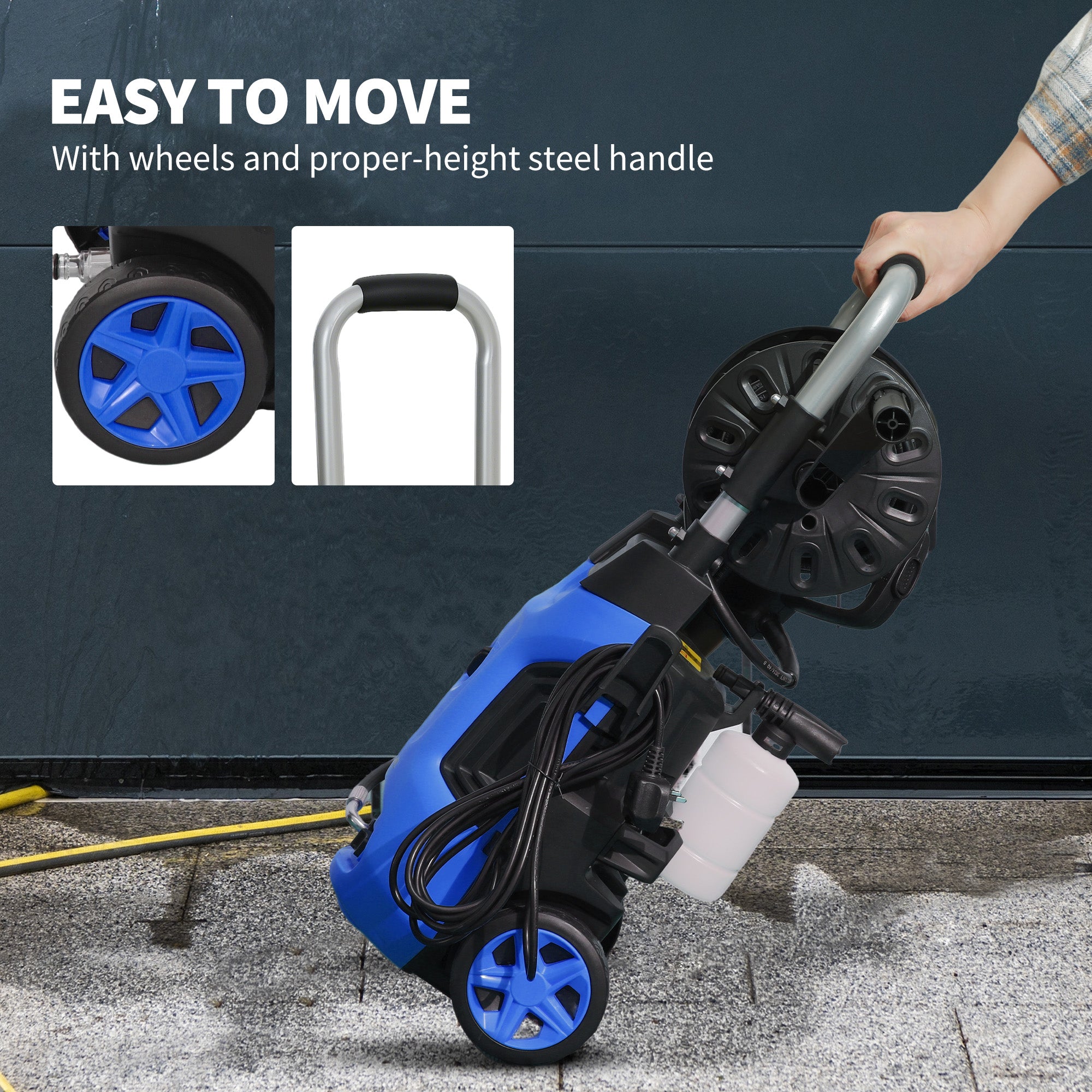Outsunny 1800W High Pressure Washer, 150 Bar Pressure, 420 L/h Flow, Portable Power Washer Jet Wash Cleaner with Adjustable Nozzle, 6M Hose, Hose Reel, Steel Handle for Home Patio Car Driveway, Blue 