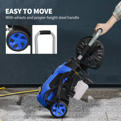 Outsunny 1800W High Pressure Washer, 150 Bar Pressure, 420 L/h Flow, Portable Power Washer Jet Wash Cleaner with Adjustable Nozzle, 6M Hose, Hose Reel, Steel Handle for Home Patio Car Driveway, Blue 