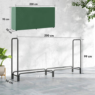 Outsunny Firewood Rack with Waterproof Cover, Heavy Duty Metal Log Store Indoors, Log Storage Holder for Outdoor Indoor Fireplace, 200 x 36 x 99 cm, Dark Green 