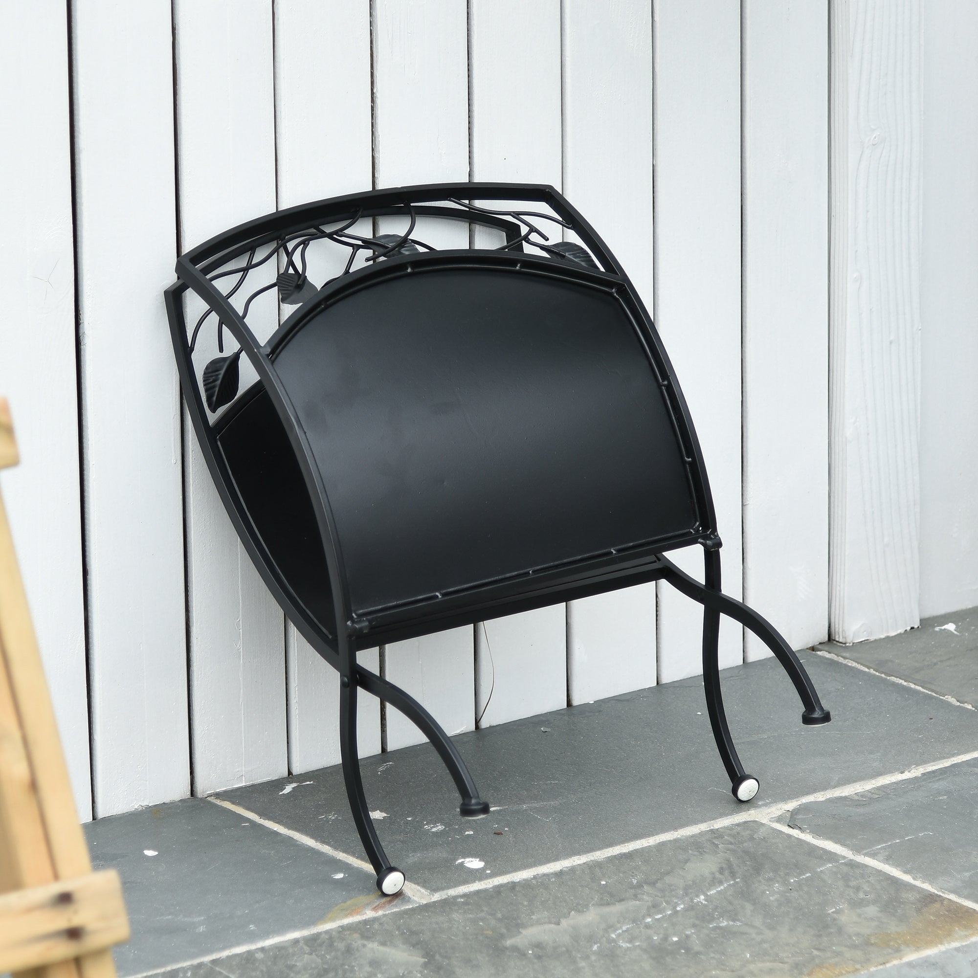 Outsunny Metal Arced Firewood Log Holder Indoor Outdoor Folding Firewood Rack Fireplace Wood Storage Shelf w/ Leaf Pattern Design, Black, 43.5W x 36.5D x 41H cm 