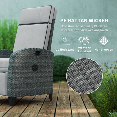 Outsunny Outdoor Recliner Chair with Adjustable Backrest and Footrest, Cushion, Side Tray, Light Grey 