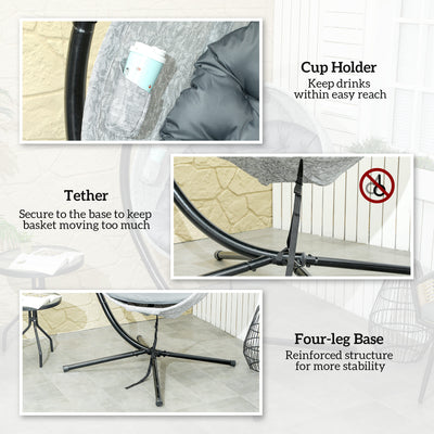 Outsunny Hanging Egg Chair Outdoor Indoor Garden Swing Chair with Folding Basket, Garden Hanging Chair with Stand, Thickened Cushion, Cup Holder for Patio, Balcony, Grey 