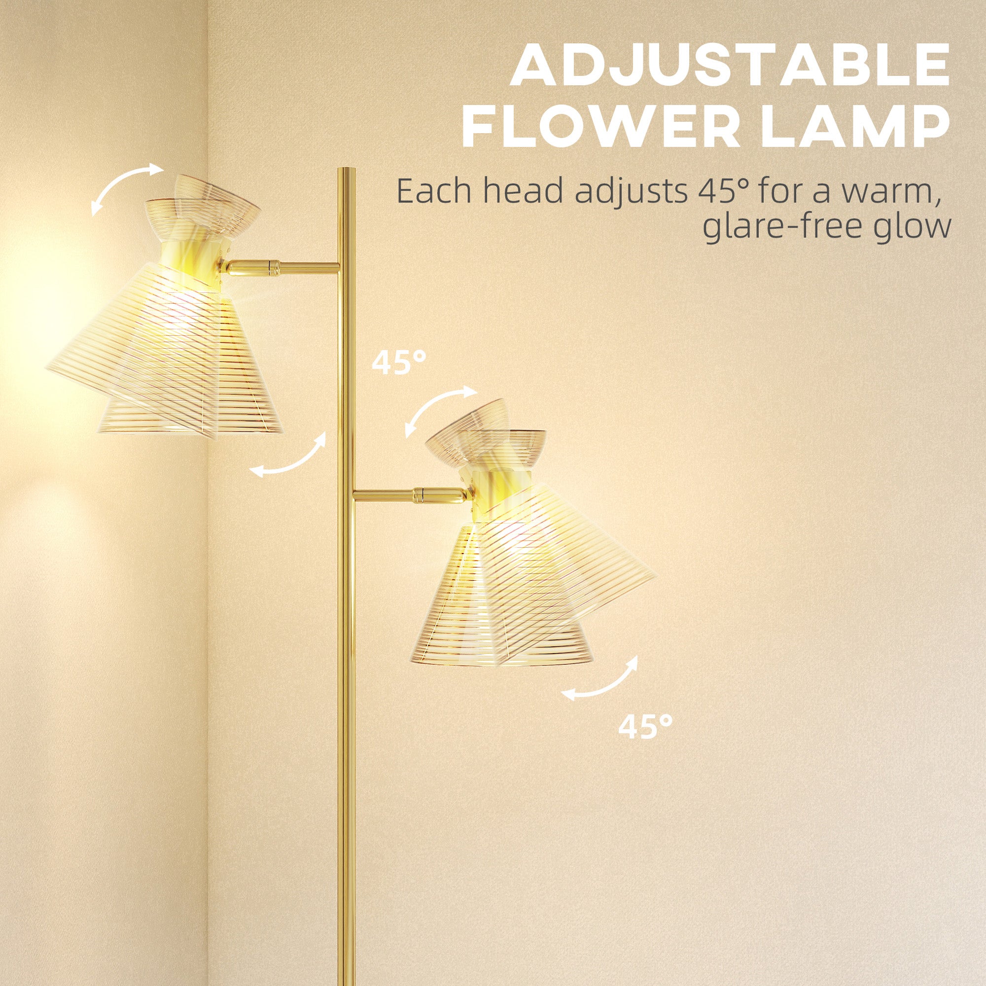 HOMCOM Floor Lamp with Adjustable Dual Head, Modern Standing Lamp with Floral Glass Shades and Foot Switch for Living Room Bedroom, E27 Socket, Bulb Not Included, Gold Tone 
