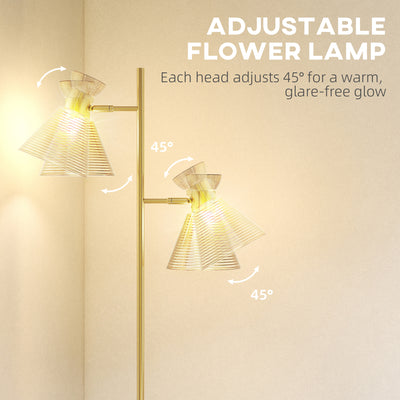 HOMCOM Floor Lamp with Adjustable Dual Head, Modern Standing Lamp with Floral Glass Shades and Foot Switch for Living Room Bedroom, E27 Socket, Bulb Not Included, Gold Tone 