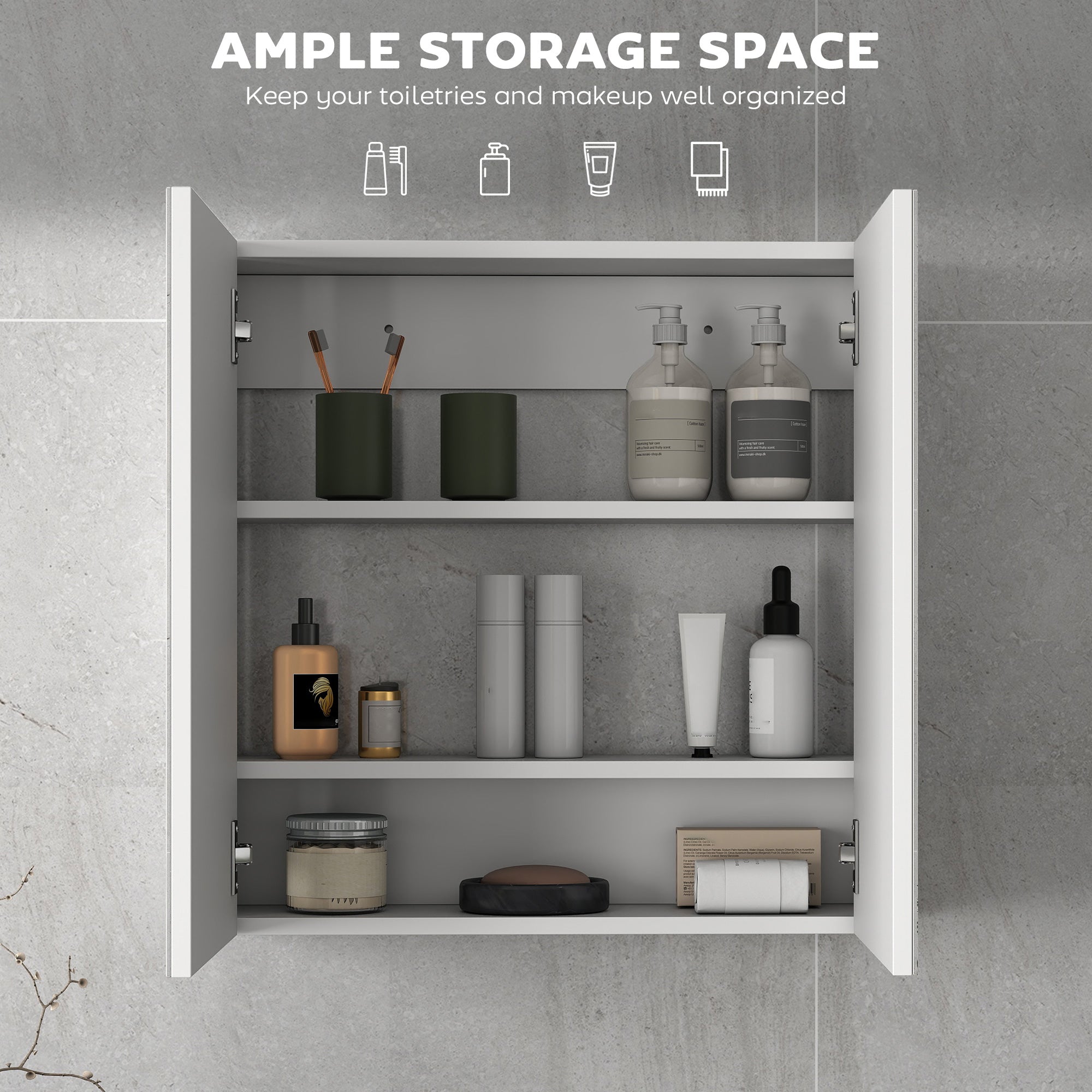 HOMCOM Double Door Wall Mounted Glass Mirror Cabinet Modern Storage Unit Bathroom Shelf Organiser Waterproof Wooden Frame 60W x 15D x 60H cm