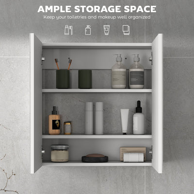 HOMCOM Double Door Wall Mounted Glass Mirror Cabinet Modern Storage Unit Bathroom Shelf Organiser Waterproof Wooden Frame 60W x 15D x 60H cm 