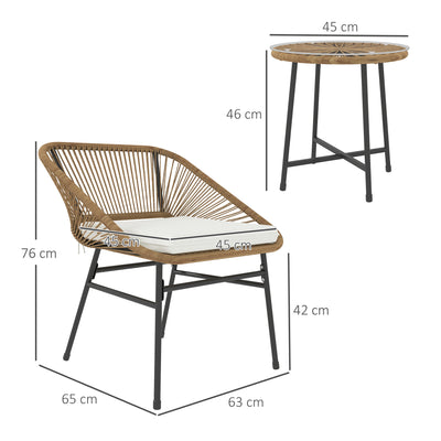 Outsunny 3 Pieces Rattan Bistro Set, Wicker Small Garden Table and Chairs Set with Cushions and Glass Top Coffee Table, Bistro Garden Furniture Set for Outdoor, Patio, Balcony, Natural 