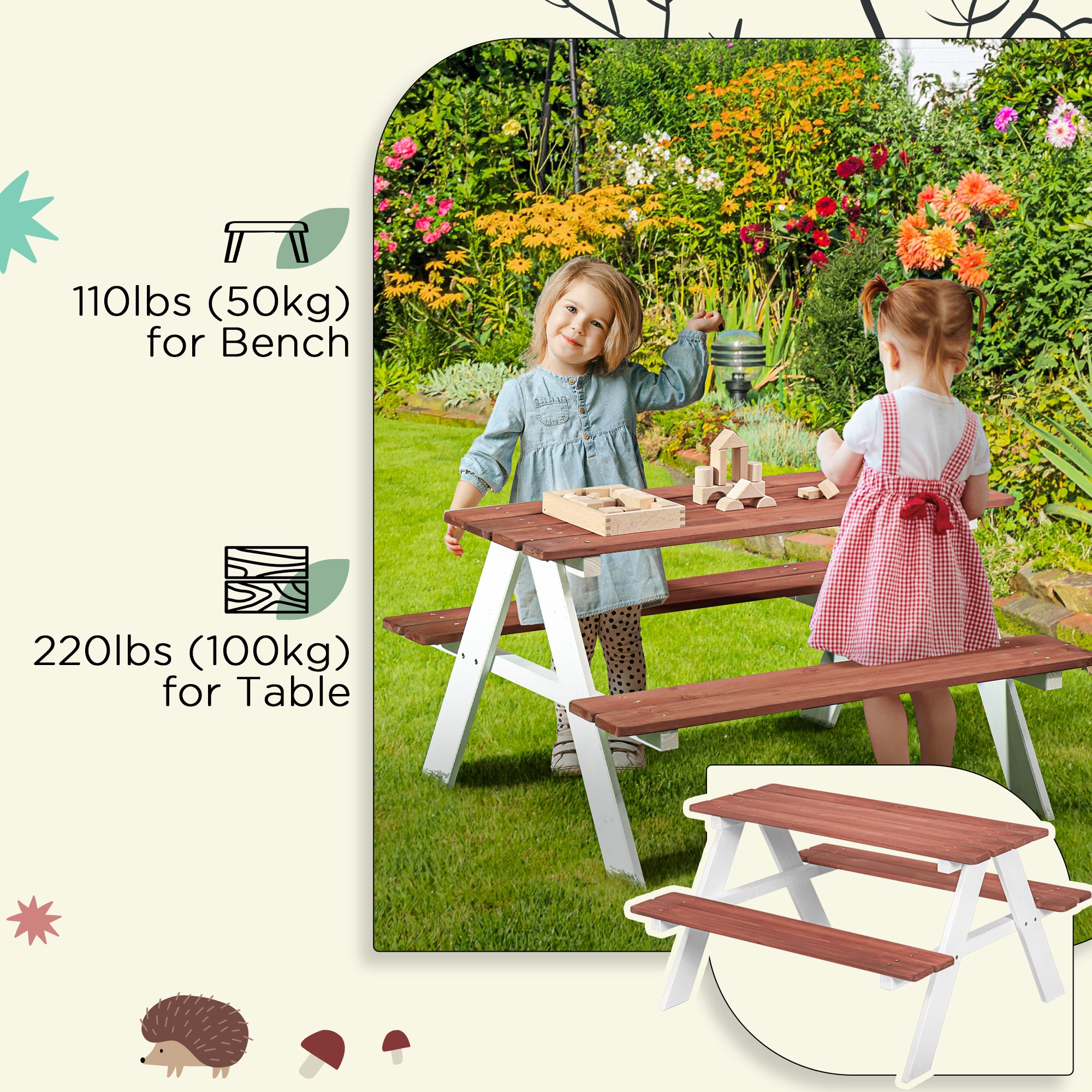 Outsunny Kids Picnic Table, Wooden Table and Bench Set, Kids Garden Furniture for Patio Aged 3-8 Years Old, Brown 