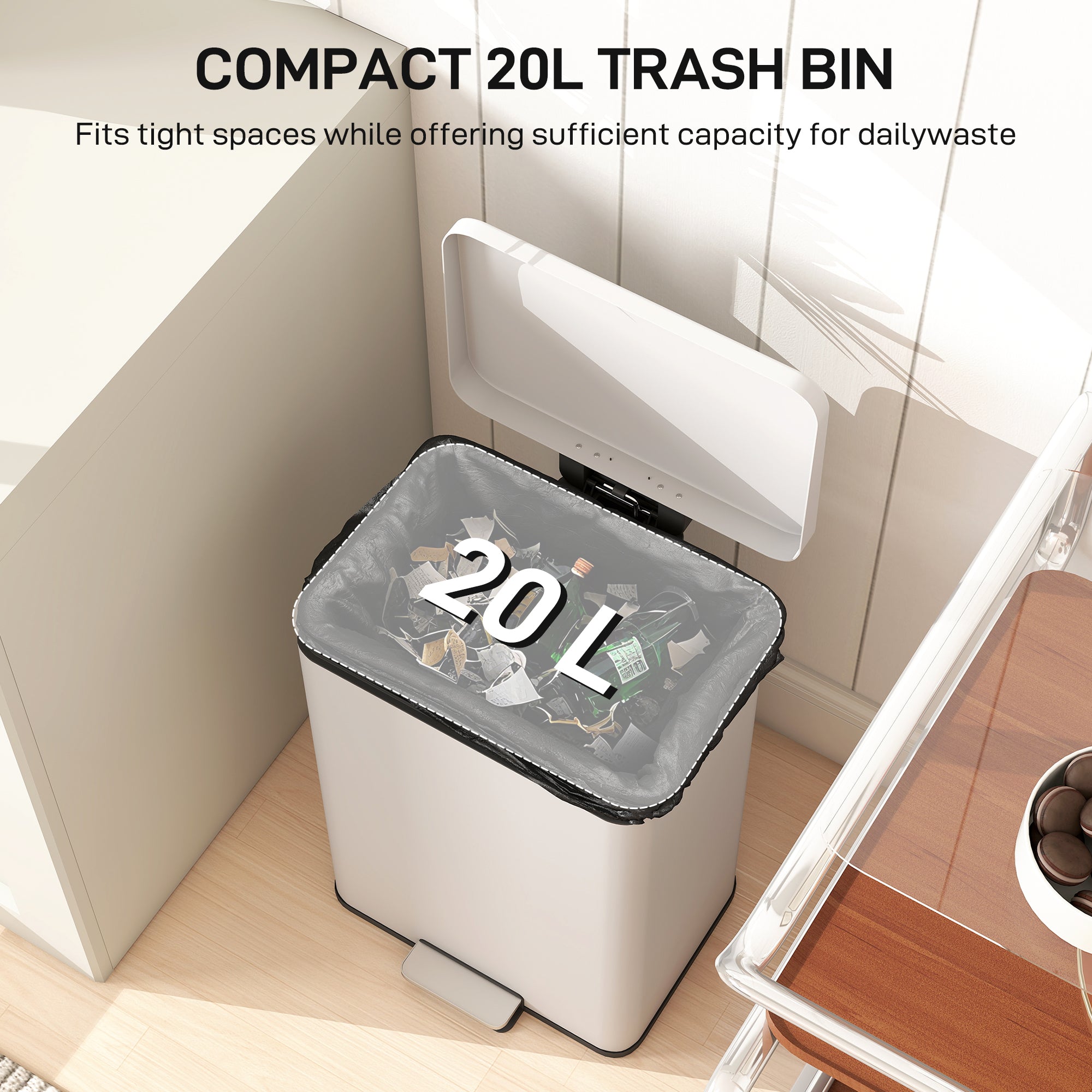 HOMCOM 20L Kitchen Bin with Soft-Close Lid and Stay-Open Function, Pedal Bin with Removable Inner Bucket for Kitchen, Office, Home, Cream 