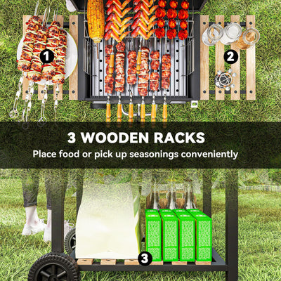 Outsunny Charcoal BBQ Grill with Height Adjustable Charcoal Pan, Portable Barbecue Smoker with Warming Rack, 3 Shelves, Temperature Gauge, Wheels, Bottle Opener for Outdoor Cooking Garden Party 