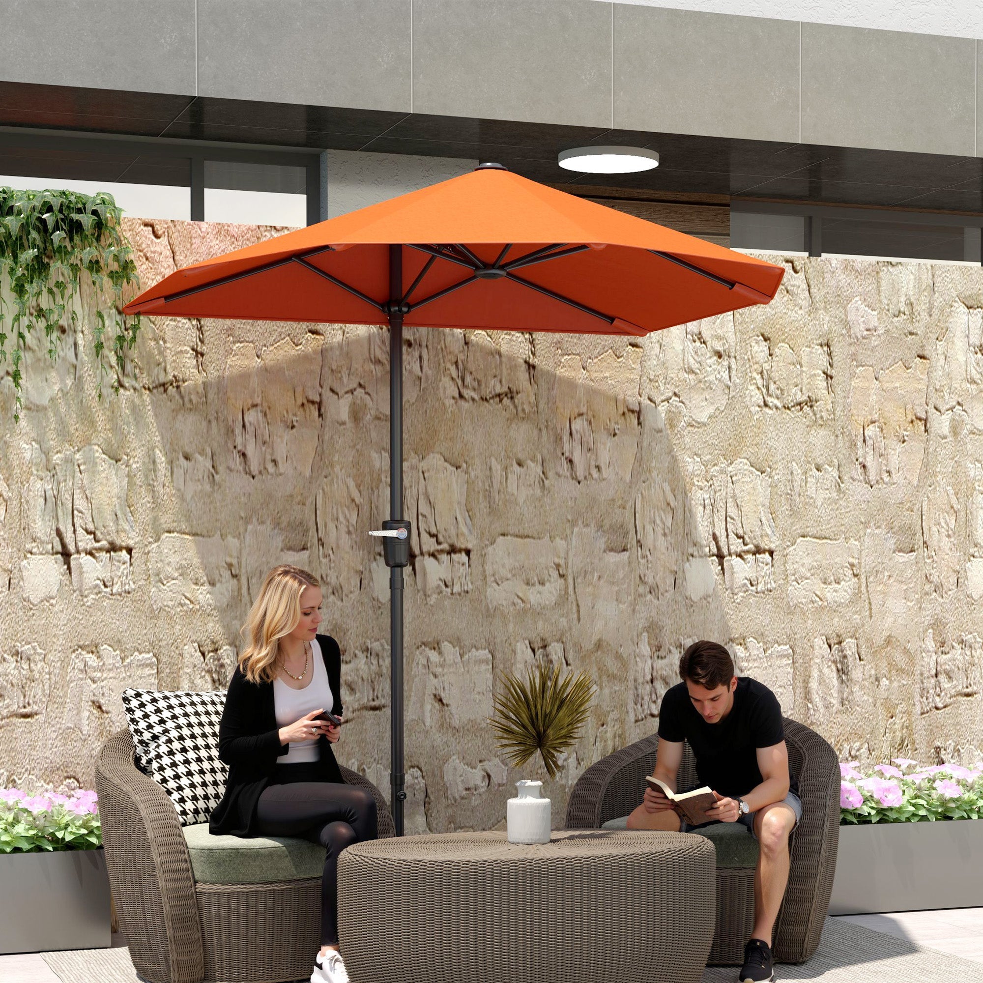 Outsunny 2m Half Parasol Market Umbrella Garden Balcony Parasol with Crank Handle, Cross Base, Double-Sided Canopy, Orange 