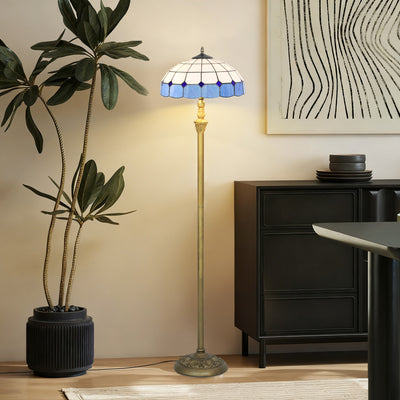 HOMCOM Tiffany-Style Floor Lamp with Handcrafted Stained Glass Shade, 152cm Tall Vintage Standing Lamp with Foot Switch and Dual Sockets for Living Room Bedroom, Bronze Tone and Blue 