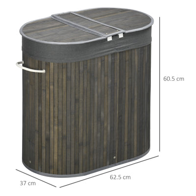 HOMCOM Bamboo Laundry Basket with Lid, 100 Litres Laundry Hamper with 2 Sections, Removable Washable Lining, Washing Baskets, 62.5 x 37 x 60.5cm, Grey 