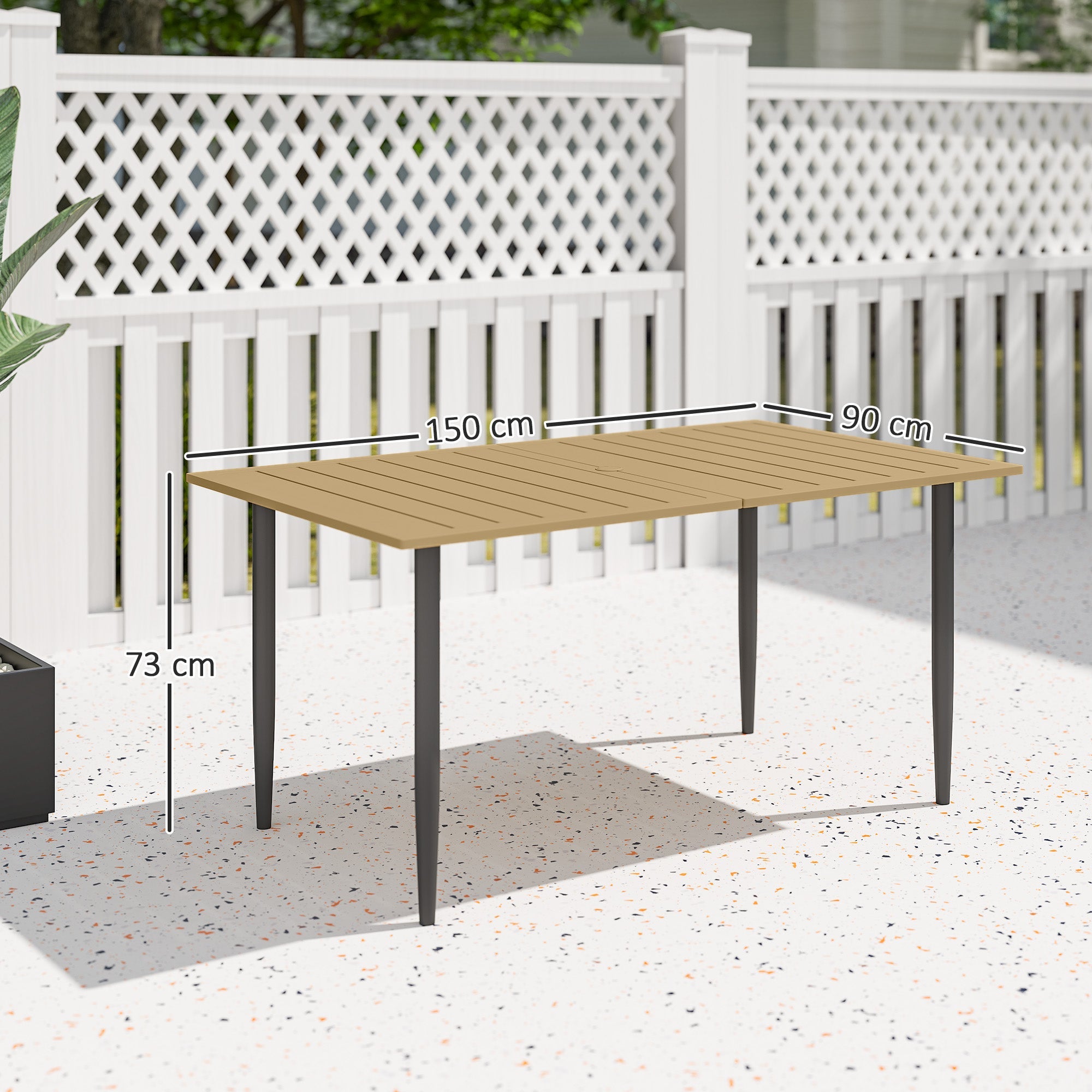 Outsunny Garden Dining Table for 6 Person, Rectangle Outdoor Coffee Table with 5 cm Parasol Hole, Slatted Tabletop and Steel Frame for Patio Balcony, Brown 