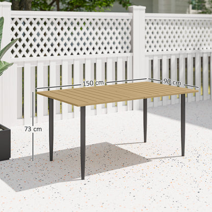 Outsunny Garden Dining Table for 6 Person, Rectangle Outdoor Coffee Table with 5 cm Parasol Hole, Slatted Tabletop and Steel Frame for Patio Balcony, Brown 