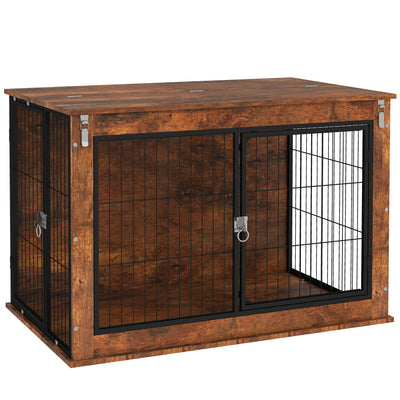 PawHut Dog Crate Furniture with Flip-up Top, 2 Doors, for Large Dogs, 98 x 60 x 65.5cm, Rustic Brown 