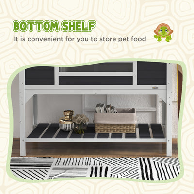 PawHut Wooden Tortoise Enclosure w/ Adjustable Lamp Holder, Openable Lid, Dual Main Houses, Storage Shelf, Fixed Tray - Grey 