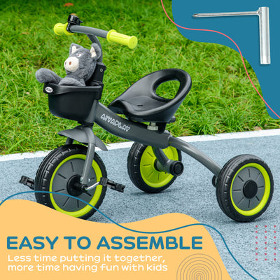 AIYAPLAY Kids Trike, Tricycle, with Adjustable Seat, Basket, Bell, for Ages 2-5 Years - Black 