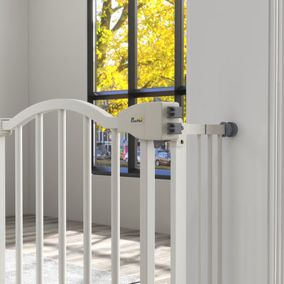 PawHut Metal 74-100cm Adjustable Pet Gate Safety Barrier w/ Auto-Close Door White 