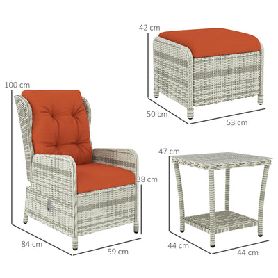 Outsunny 5 Pieces Rattan Bistro Set with Adjustable Back, Reclining Wicker Balcony Furniture with Cushions, Glass Top Coffee Table and Footstools, Outdoor Table and Chairs, Orange 