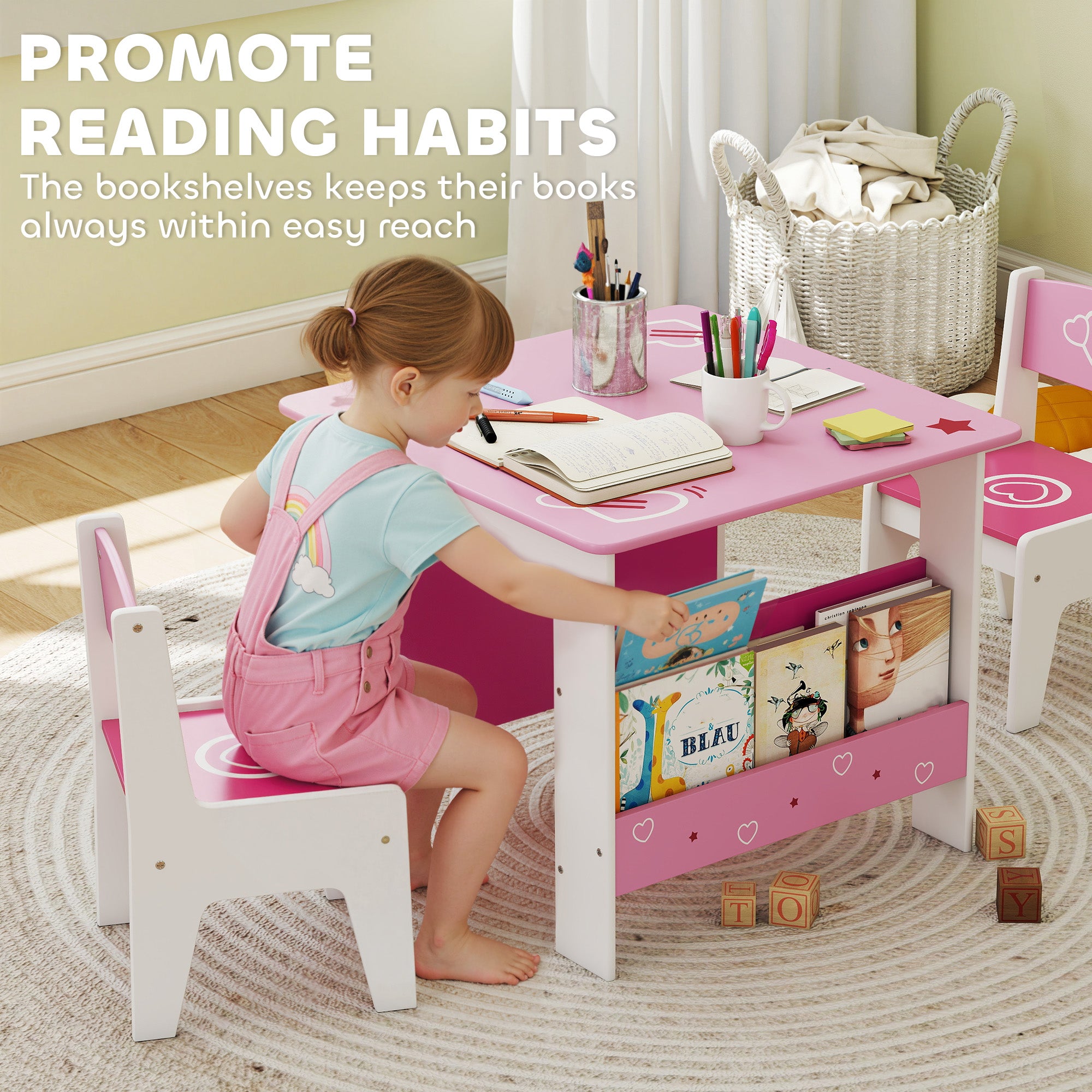 AIYAPLAY 3 Pieces Kids Table and Chair Set, Toddler Activity Table with Bookshelves, for Living Room, Nursery, Playroom, Pink 