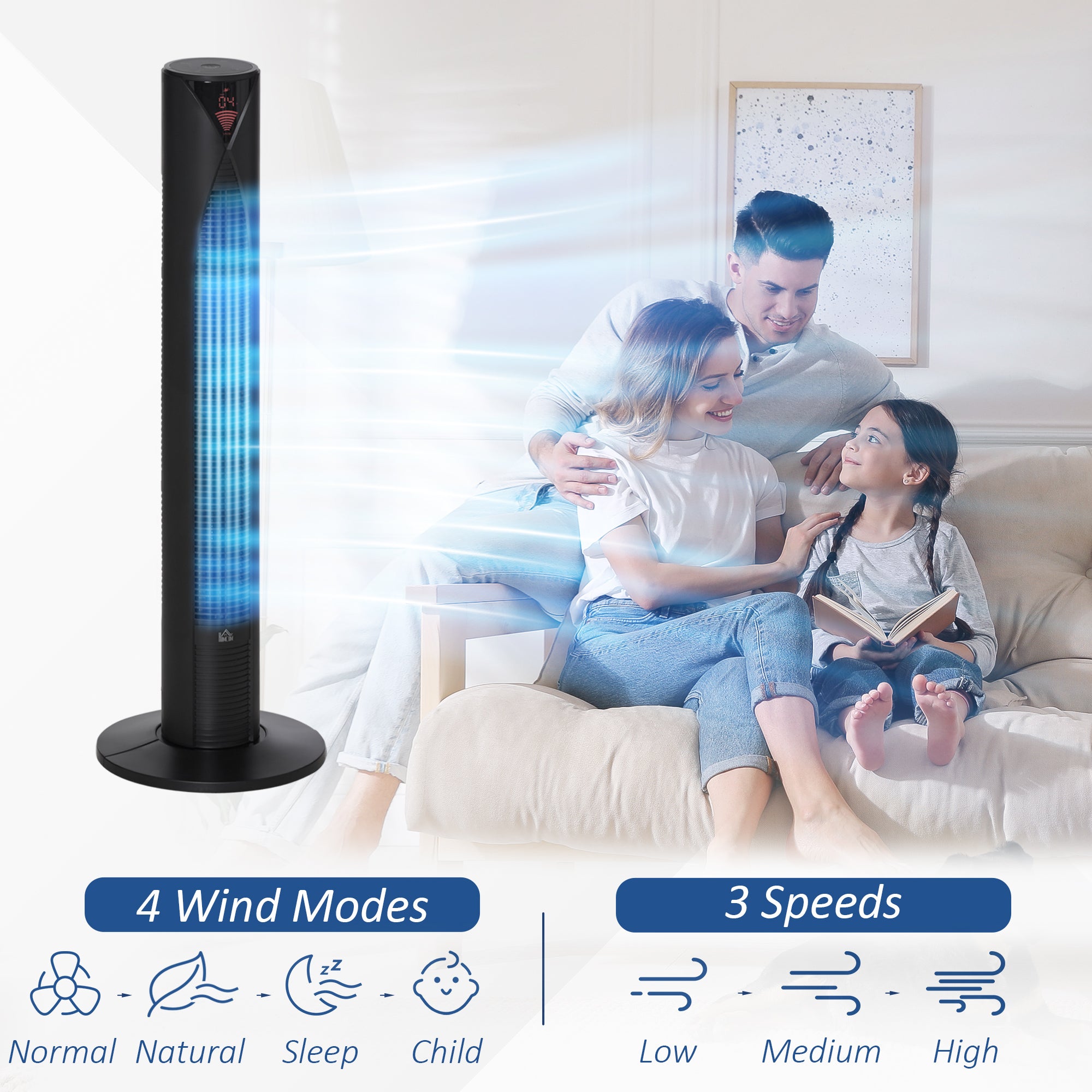 HOMCOM 38" Oscillating Tower Fan with Remote Control, 3 Speed 4 Modes, LCD panel, 12-Hour Timer, Slim Cooling Fan for Home Bedroom Office, Black 