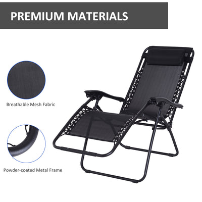 Outsunny Zero Gravity Chair Set of 2, Metal Frame Texteline Armchair Outdoor Folding and Reclining Sun Lounger with Head Pillow for Patio Decking Gardens Camping, Black 