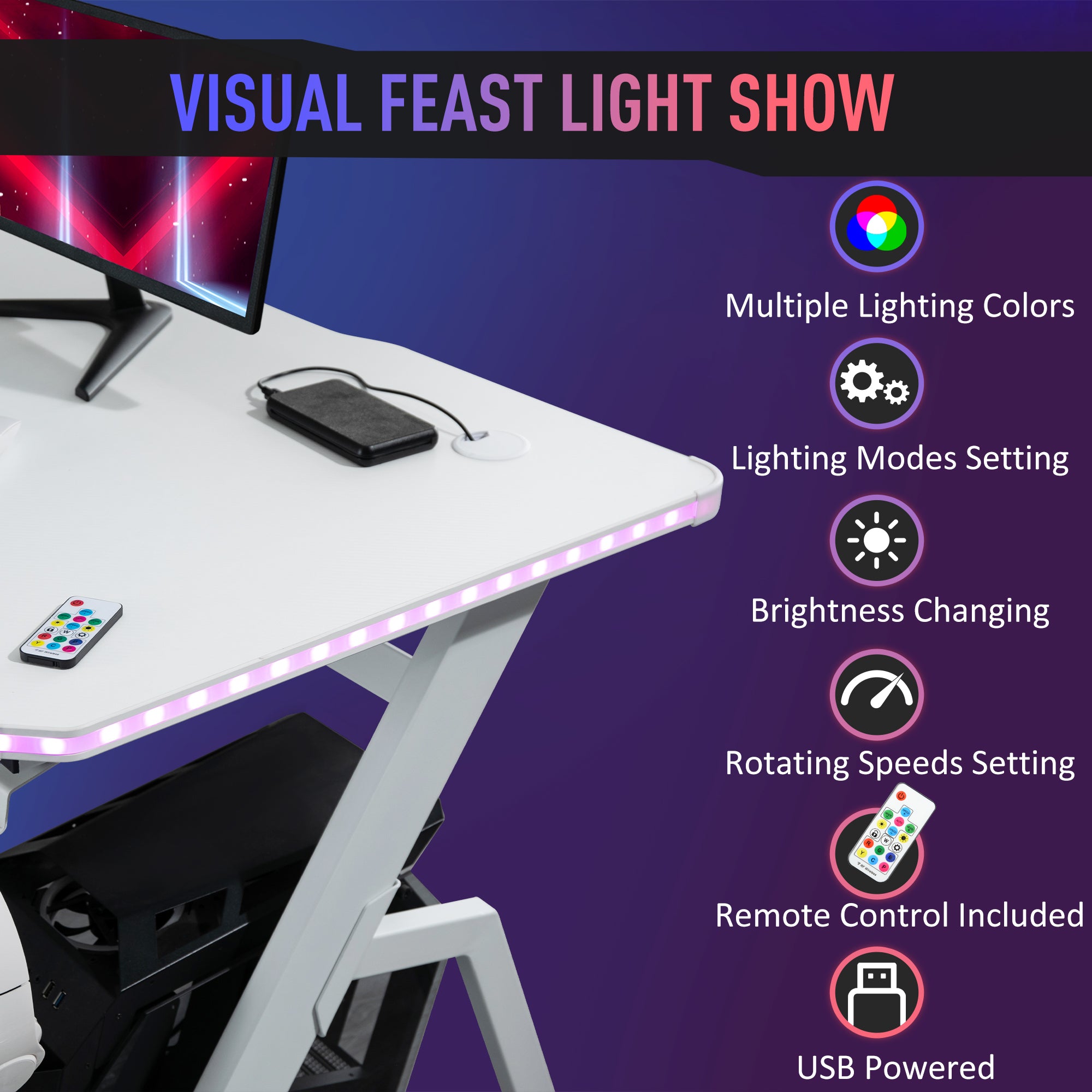 HOMCOM RGB 120 x 66cm Gaming Desk, Computer Table with Carbon Fibre Surface, Headphone Hook, Cup Holder, Controller Rack, Home Office Desk, White 