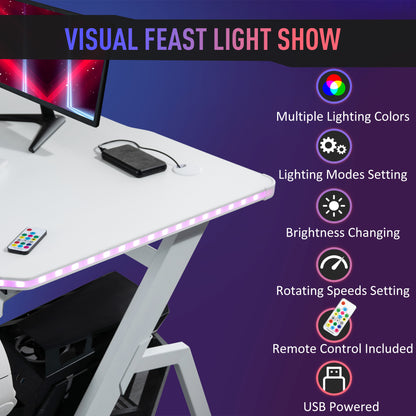 HOMCOM RGB 120 x 66cm Gaming Desk, Computer Table with Carbon Fibre Surface, Headphone Hook, Cup Holder, Controller Rack, Home Office Desk, White 