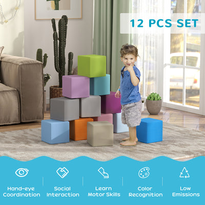 HOMCOM 12 PCs Soft Play Blocks, Soft Foam Toy, Building and Stacking Blocks for Kids, Blue 