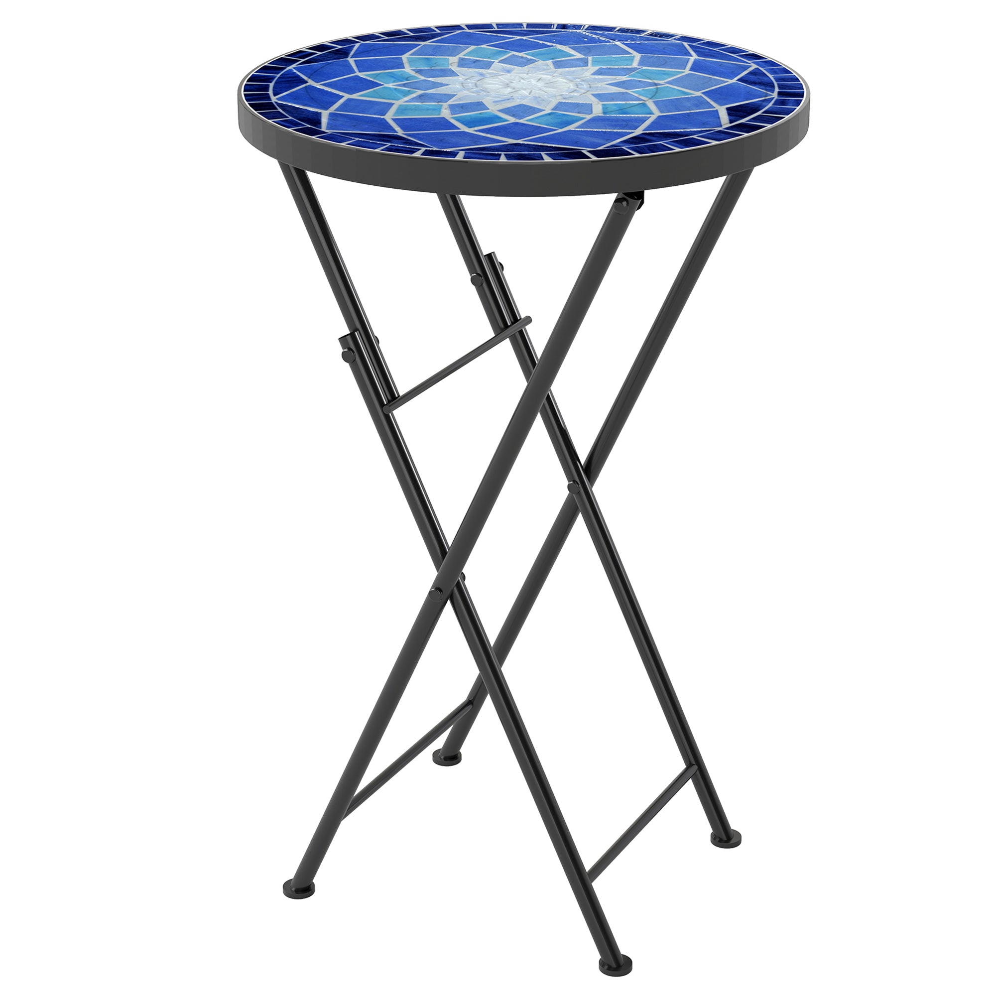 Outsunny Mosaic Outdoor Garden Table, 35.5cm Round Folding Coffee Table with Metal Frame for Balcony Terrace, Navy Blue 