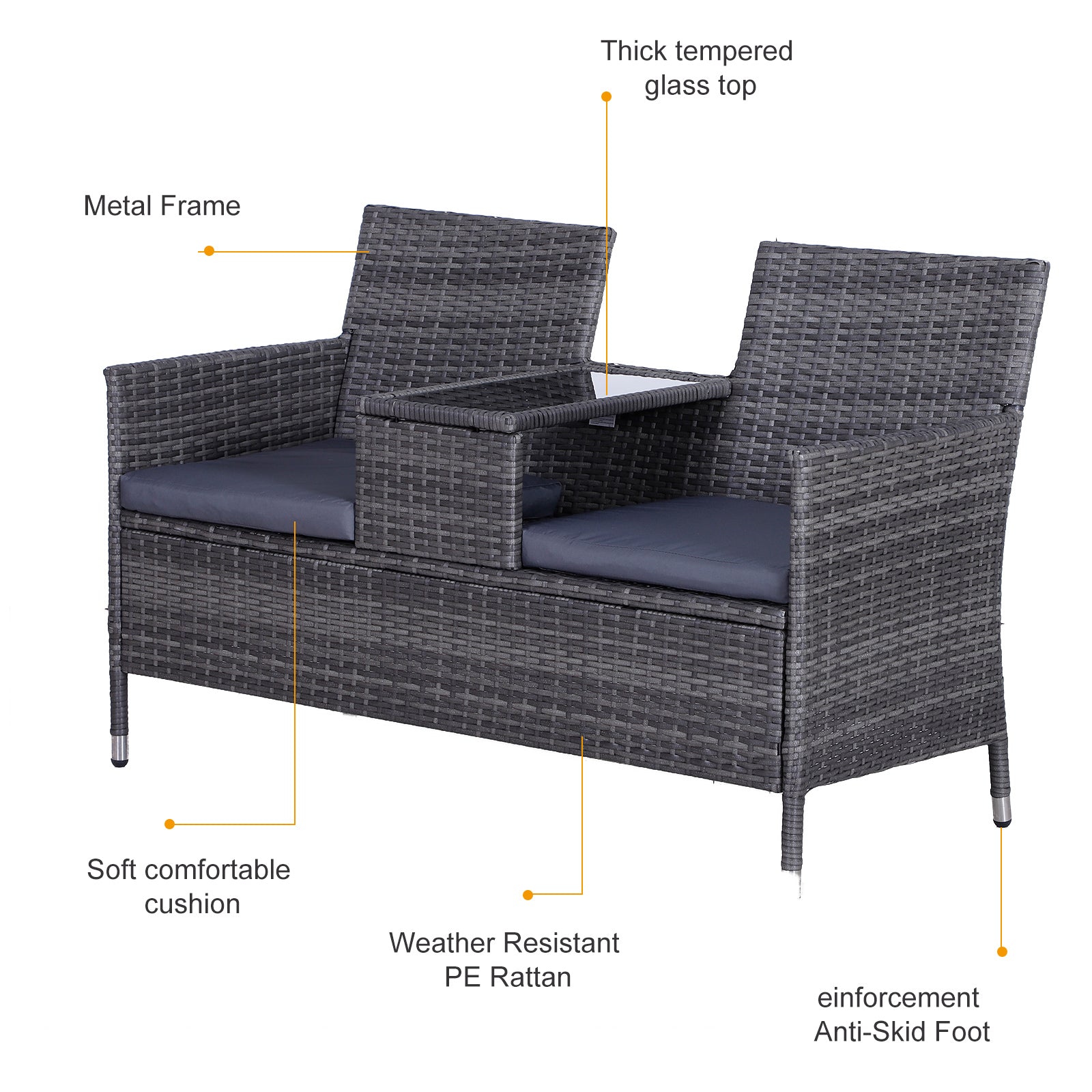 Outsunny 2-Seater PE Rattan Outdoor Garden Bench w/ Centre Table Grey 