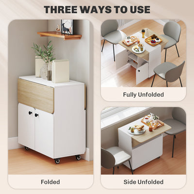 HOMCOM Folding Dining Table, Rolling Drop Leaf Table with Hidden Shelf & Cabinet for Dining Room, Small Spaces, White 