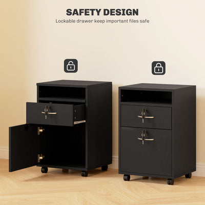 HOMCOM 60cm Filing Cabinet with Drawer, Open Shelf, Metal Handles and 4 Wheels, Office Home Organiser Mobile Printer with Two Locks, Black 