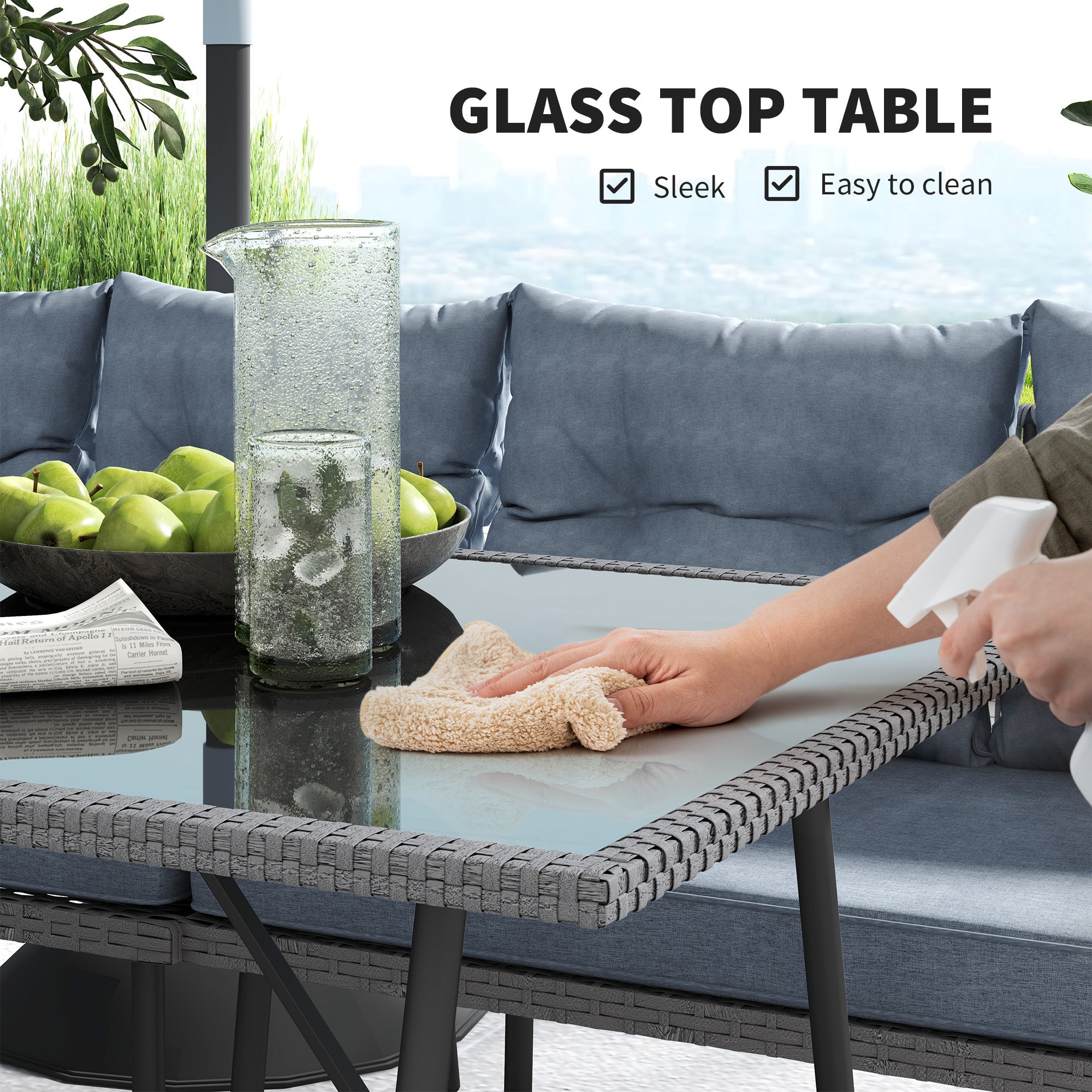Outsunny 6 Piece Rattan Garden Furniture Set, 8 Seater Garden Corner Sofa with Cushions and Glass Top Table, Sectional Outdoor Furniture Conservatory Set for Patio, Charcoal Grey 