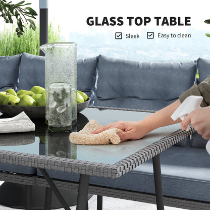 Outsunny 6 Piece Rattan Garden Furniture Set, 8 Seater Garden Corner Sofa with Cushions and Glass Top Table, Sectional Outdoor Furniture Conservatory Set for Patio, Charcoal Grey 