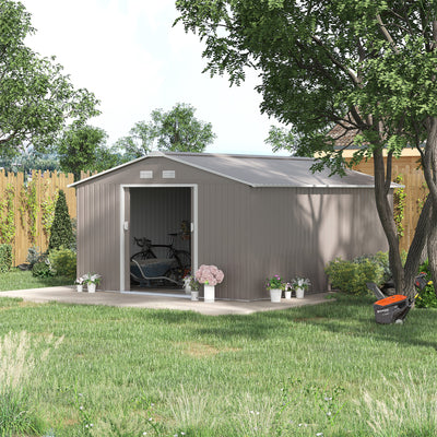 Outsunny 13 x 11ft Garden Metal Storage Shed Outdoor Storage Shed with Foundation Kit Ventilation & Doors, Light Grey 
